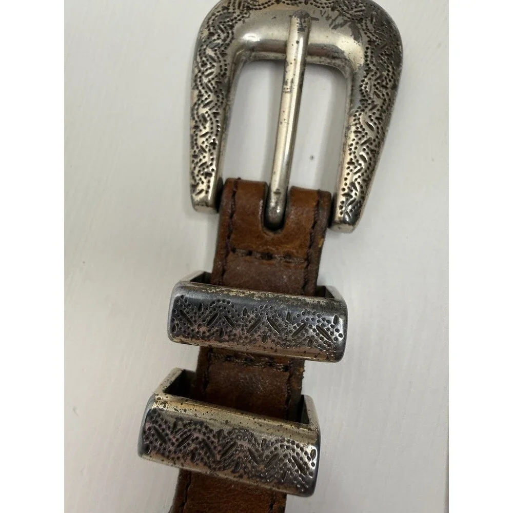 Vintage Tooled Leather Western Belt Silver Engraved Buckle Brown Size 40